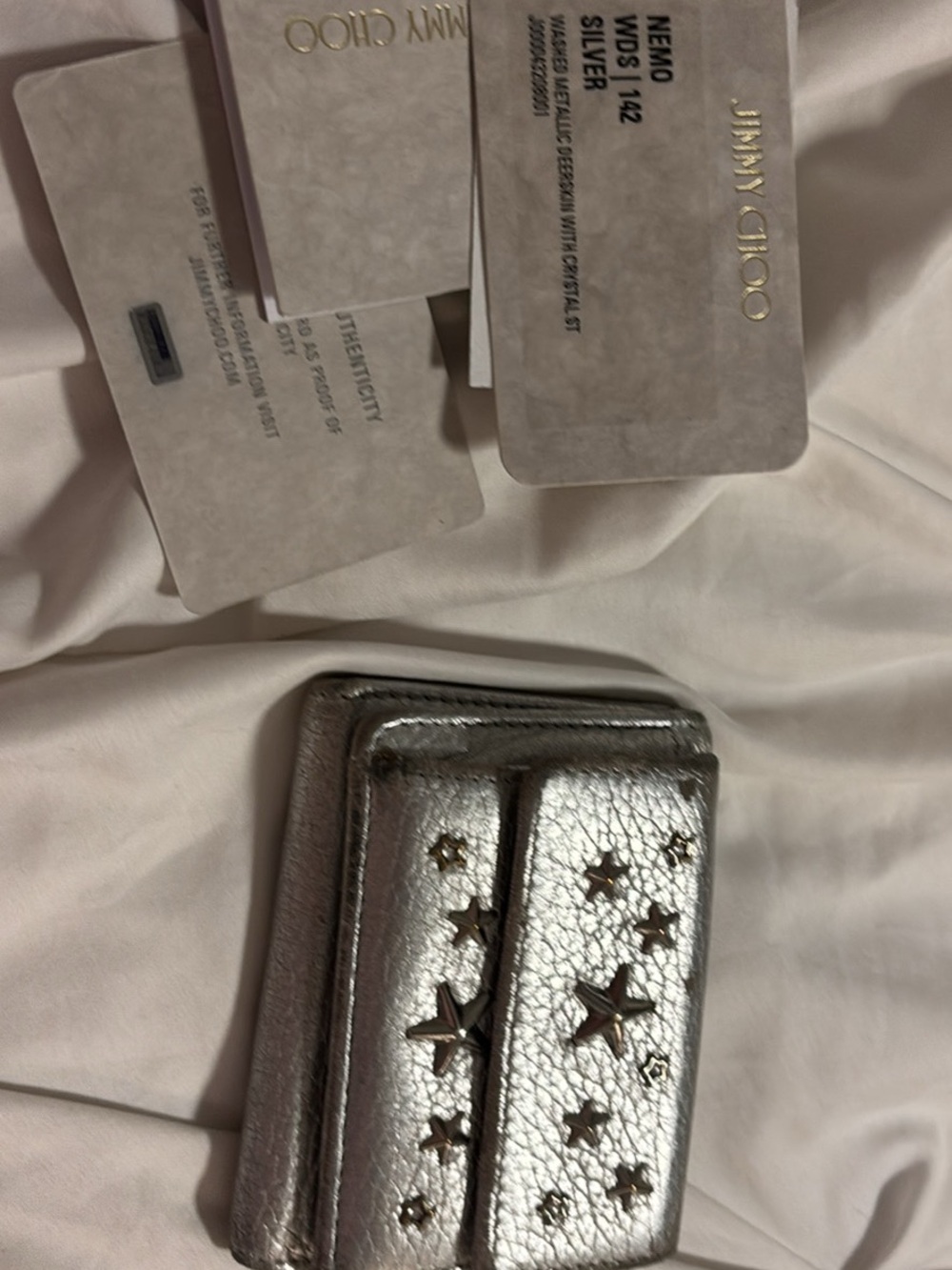 Jimmy Choo Silver Star-Studded Metallic Compact Wallet